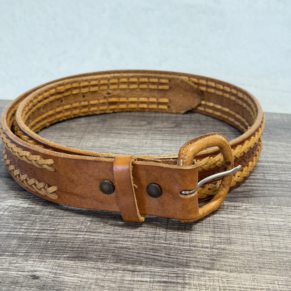 Woven Genuine Leather Belt Made in Mexico Size 38 Brown Boho Western Unisex
